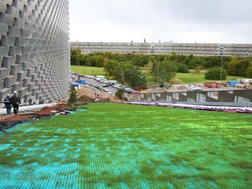 Ski slope on synthetic mats and grass growing through on a pitched roof