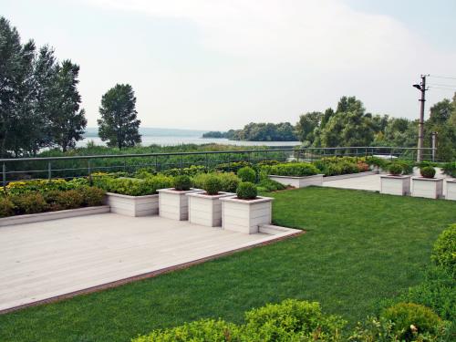 Toit vert avec pelouse, arbustes et terrasse en bois