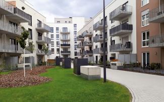 Lawn, small trees and driveways surrounded by housing blocks