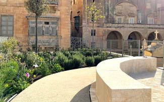 Roof garden with benches made of natural stone